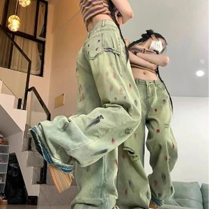 Fall Paint Splatter Grunge Wide-Leg Jeans - Y2K Fashion Outfits 2000s