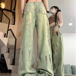 Fall Paint Splatter Grunge Wide-Leg Jeans - Y2K Fashion Outfits 2000s