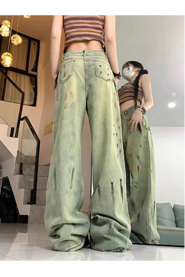 Fall Paint Splatter Grunge Wide-Leg Jeans - Y2K Fashion Outfits 2000s