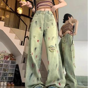 Fall Paint Splatter Grunge Wide-Leg Jeans - Y2K Fashion Outfits 2000s