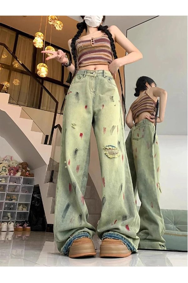 Fall Paint Splatter Grunge Wide-Leg Jeans - Y2K Fashion Outfits 2000s