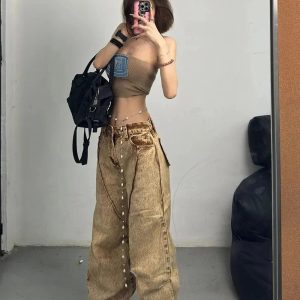 Fall Sandstone Washed Baggy Jeans - Y2K Fashion Outfits & 2000s Style