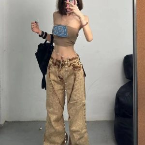 Fall Sandstone Washed Baggy Jeans - Y2K Fashion Outfits & 2000s Style