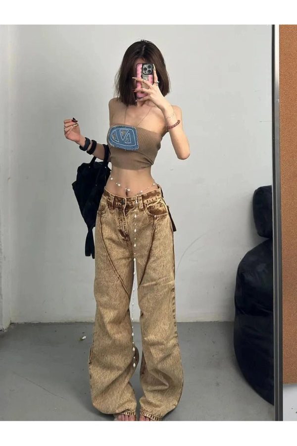 Fall Sandstone Washed Baggy Jeans - Y2K Fashion Outfits & 2000s Style