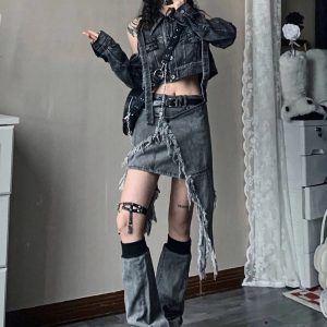 Fall Shredded Chaos Denim Set - Y2K Fashion Outfits & 2000s Style Trends