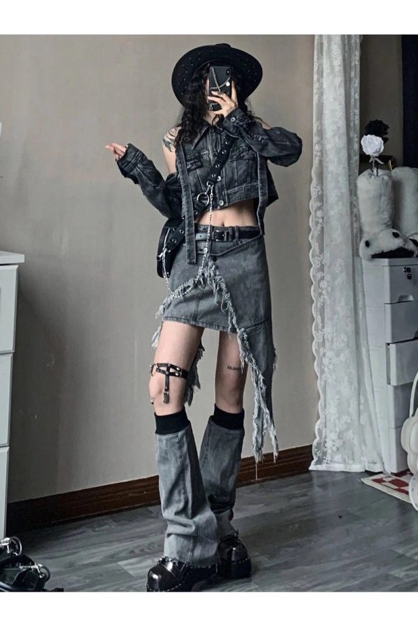 Fall Shredded Chaos Denim Set - Y2K Fashion Outfits & 2000s Style Trends