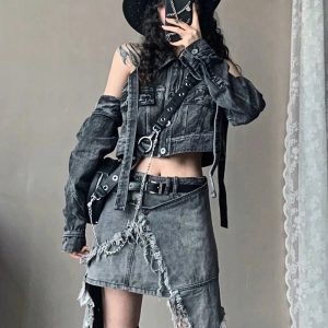 Fall Shredded Chaos Denim Set - Y2K Fashion Outfits & 2000s Style Trends