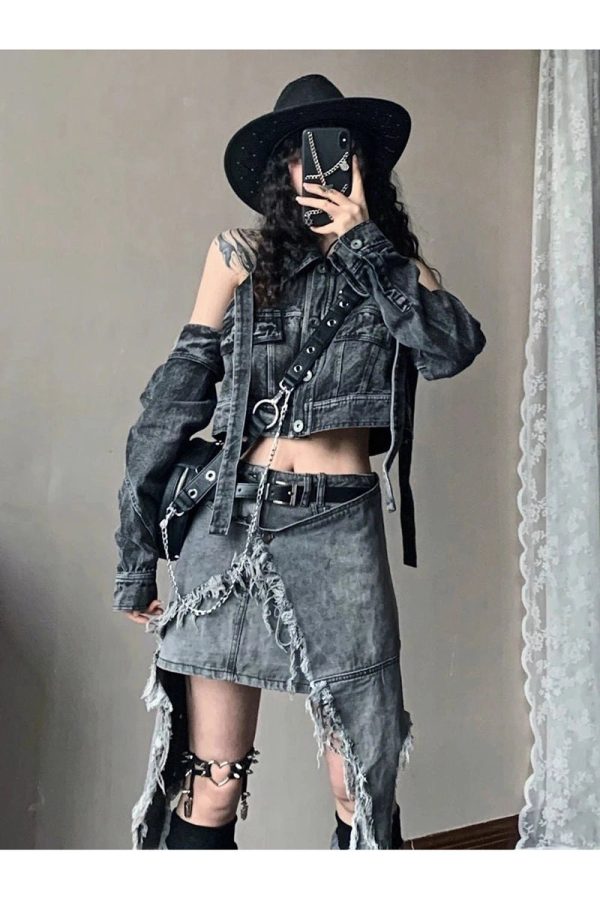 Fall Shredded Chaos Denim Set - Y2K Fashion Outfits & 2000s Style Trends