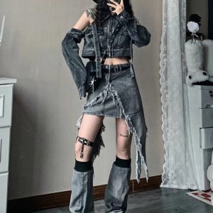 Fall Shredded Chaos Denim Set - Y2K Fashion Outfits & 2000s Style Trends