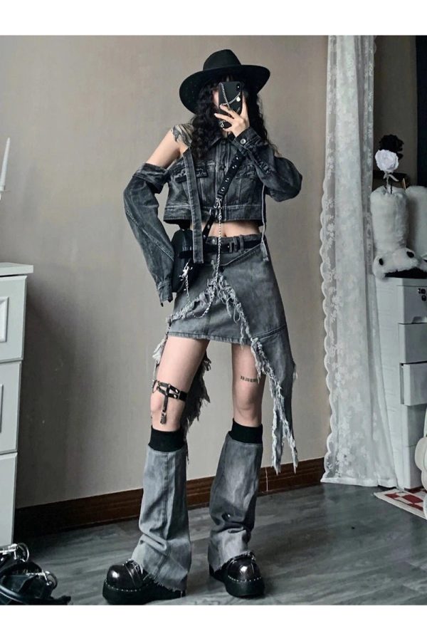 Fall Shredded Chaos Denim Set - Y2K Fashion Outfits & 2000s Style Trends