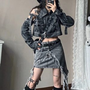 Fall Shredded Chaos Denim Set - Y2K Fashion Outfits & 2000s Style Trends