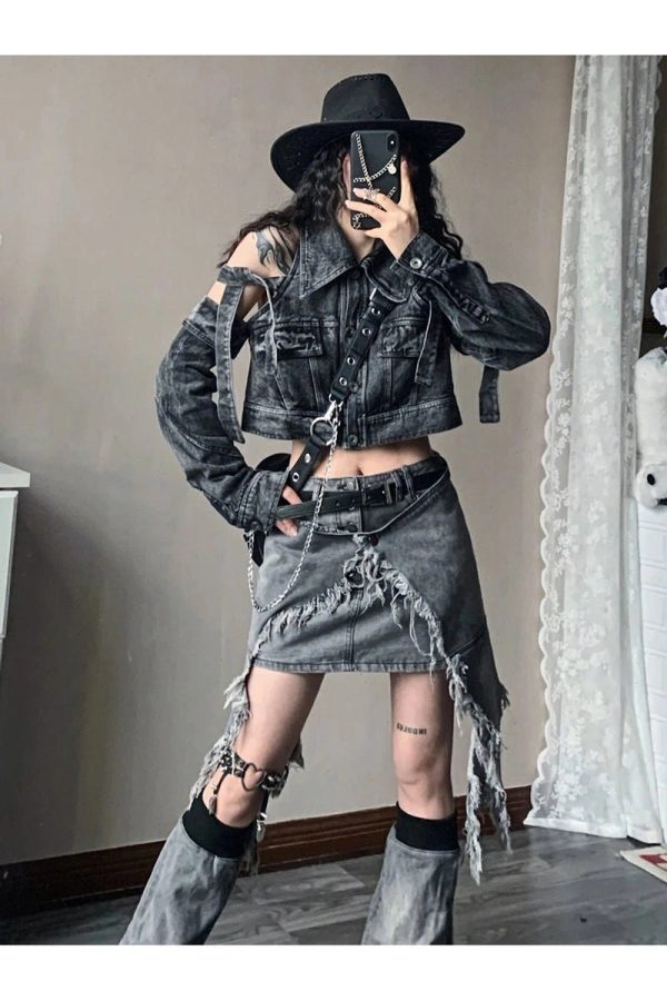 Fall Shredded Chaos Denim Set - Y2K Fashion Outfits & 2000s Style Trends