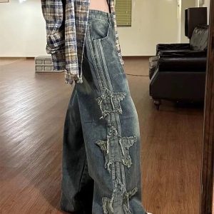 Fall Shredded Grunge Wide-Leg Jeans - Y2K Fashion Outfits & Trends