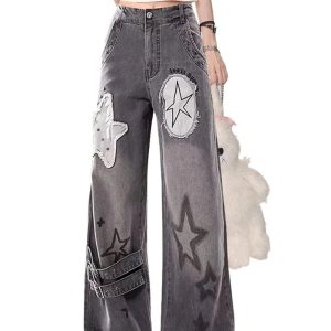 Fall Star Patchwork Wide-Leg Jeans - Y2K Fashion Outfit for 2000s Style