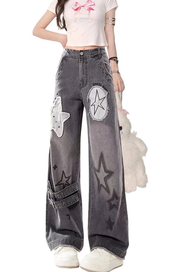 Fall Star Patchwork Wide-Leg Jeans - Y2K Fashion Outfit for 2000s Style