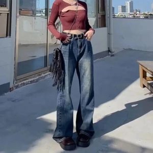 Fall Vintage Wash Flare Jeans - Y2K Fashion Outfits & 2000s Style