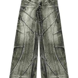 Fall Vintage Washed Patchwork Jeans - Y2K Fashion Outfits & 2000s Style