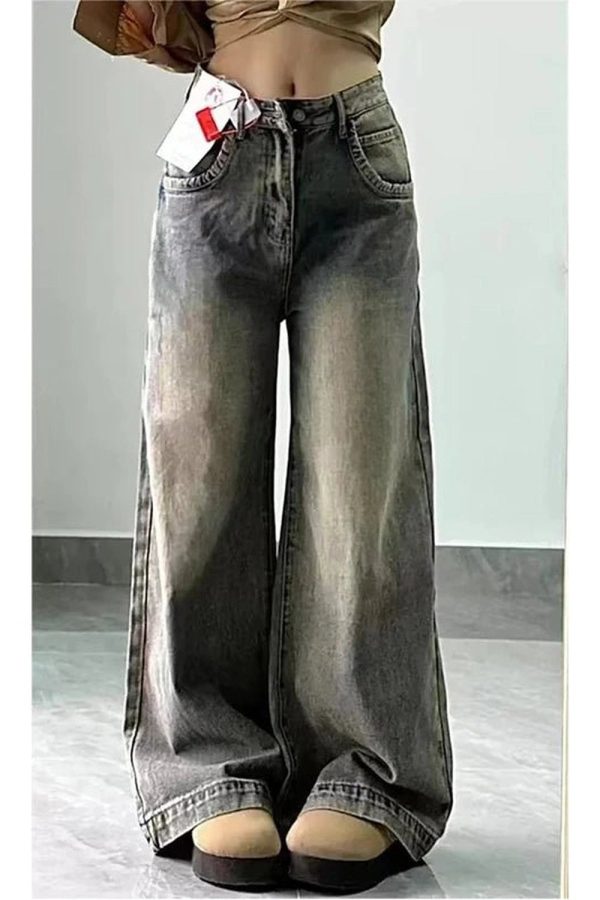 Fall Vintage Washed Wide-Leg Jeans - Y2K Fashion Outfits & 2000s Style