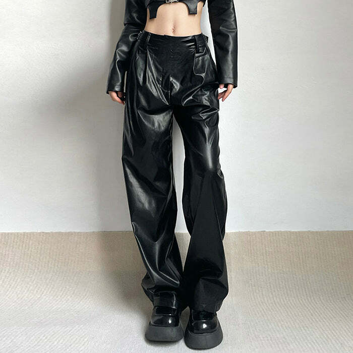 Faux Leather Grunge Pants - Iconic Y2K Fashion Outfit for Fall 2000s