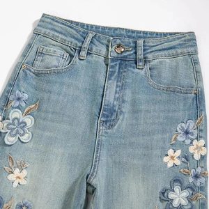 Floral Meadow Embroidered Jeans - Trendy Y2K Fashion Outfit for Fall