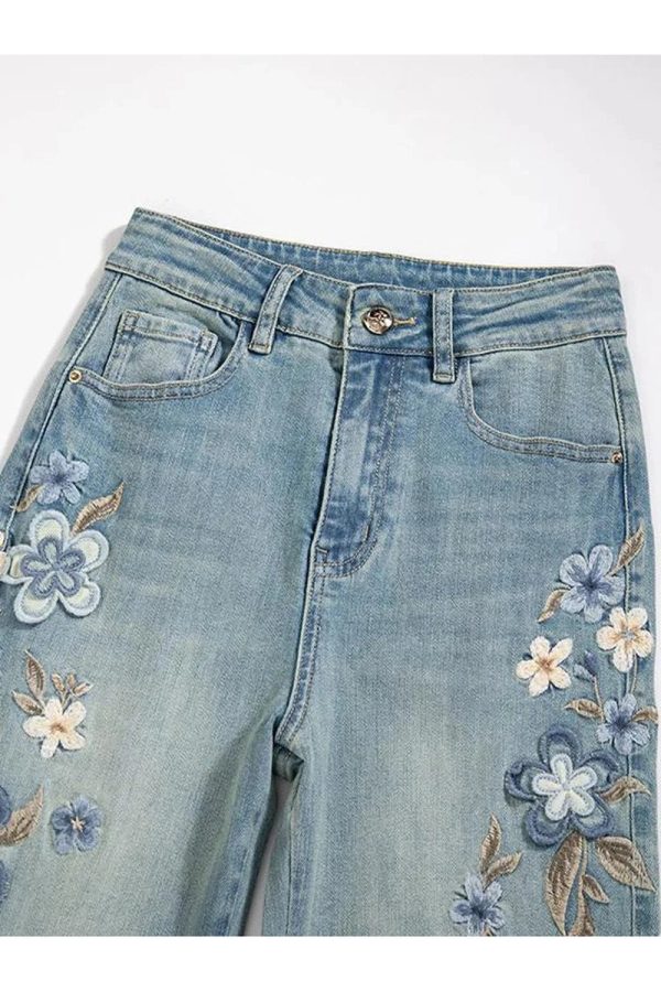 Floral Meadow Embroidered Jeans - Trendy Y2K Fashion Outfit for Fall