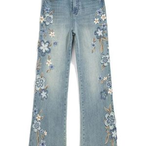 Floral Meadow Embroidered Jeans - Trendy Y2K Fashion Outfit for Fall