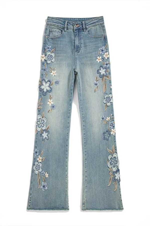 Floral Meadow Embroidered Jeans - Trendy Y2K Fashion Outfit for Fall