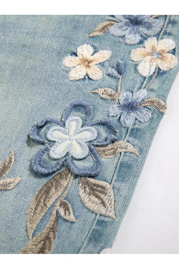 Floral Meadow Embroidered Jeans - Trendy Y2K Fashion Outfit for Fall