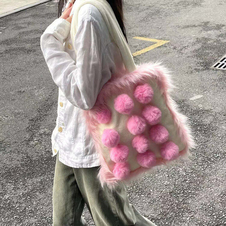 Fluffy Pom Poms Bag in Pink - Trendy Y2K Fashion Accessory for 2000s Style