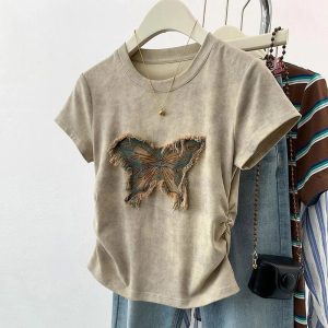 Frayed Butterfly Patch Top - Trendy 2000s Fashion Outfit for Y2K Style