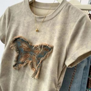 Frayed Butterfly Patch Top - Trendy 2000s Fashion Outfit for Y2K Style