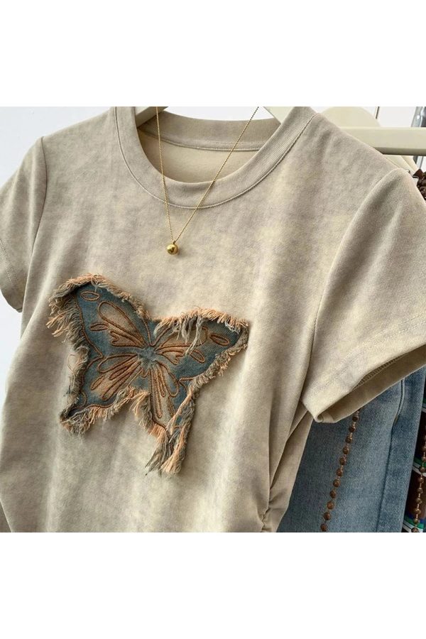 Frayed Butterfly Patch Top - Trendy 2000s Fashion Outfit for Y2K Style