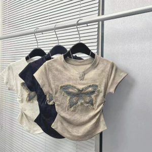 Frayed Butterfly Patch Top - Trendy 2000s Fashion Outfit for Y2K Style