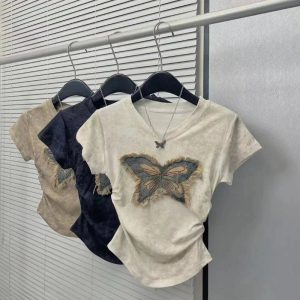 Frayed Butterfly Patch Top - Trendy 2000s Fashion Outfit for Y2K Style