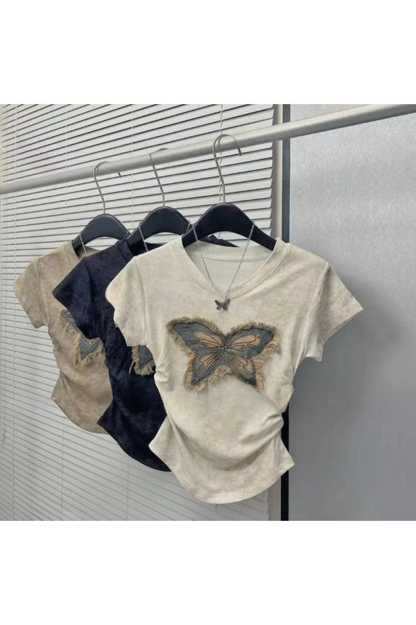 Frayed Butterfly Patch Top - Trendy 2000s Fashion Outfit for Y2K Style