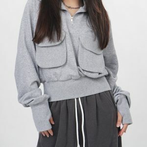 Front Pockets Grey Zip Up Sweatshirt - Y2K Fashion Outfit for Fall