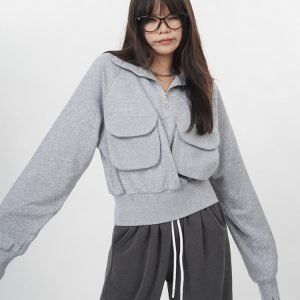 Front Pockets Grey Zip Up Sweatshirt - Y2K Fashion Outfit for Fall