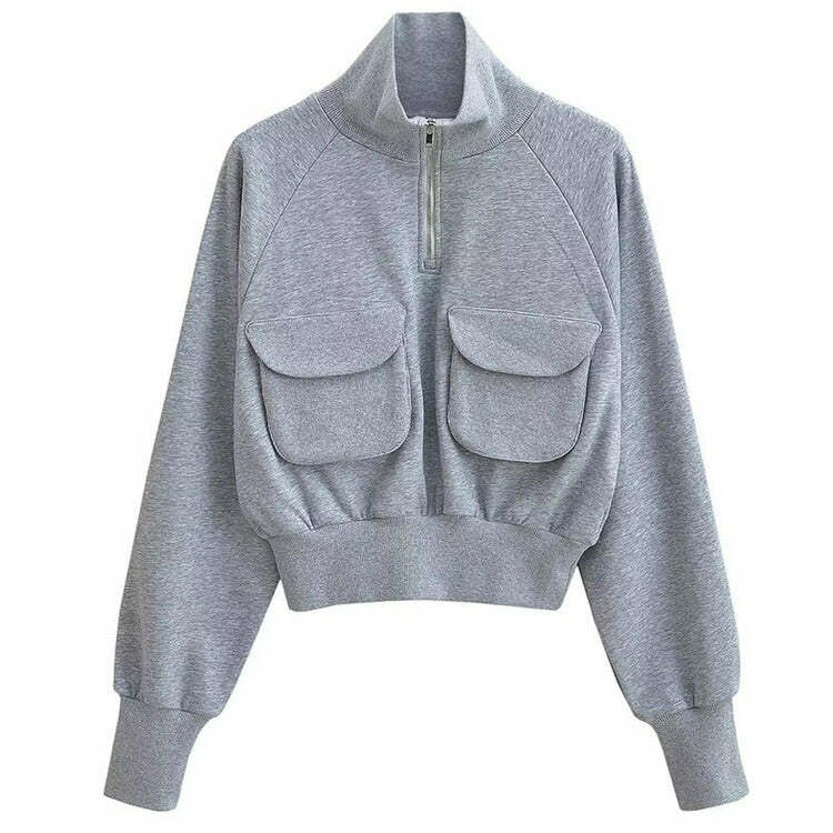 Front Pockets Grey Zip Up Sweatshirt - Y2K Fashion Outfit for Fall