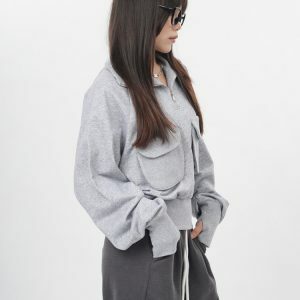 Front Pockets Grey Zip Up Sweatshirt - Y2K Fashion Outfit for Fall