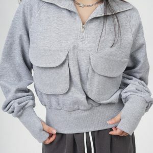 Front Pockets Grey Zip Up Sweatshirt - Y2K Fashion Outfit for Fall