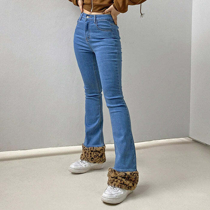 Fuzzy Leopard Trim Jeans - Cute 2000s Outfits & Y2K Fashion Inspiration