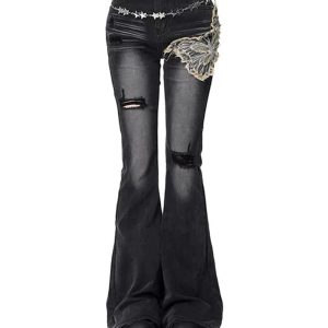 Gothic Butterfly Distressed Flare Jeans - Y2K Fashion Outfit Inspiration