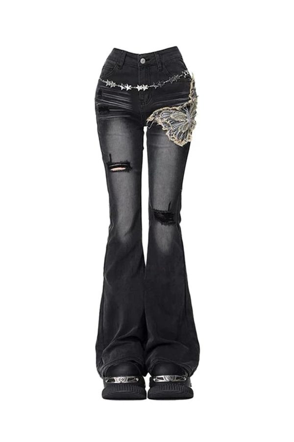 Gothic Butterfly Distressed Flare Jeans - Y2K Fashion Outfit Inspiration