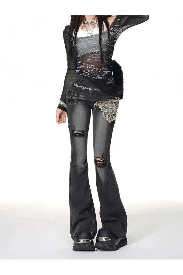 Gothic Butterfly Distressed Flare Jeans - Y2K Fashion Outfit Inspiration