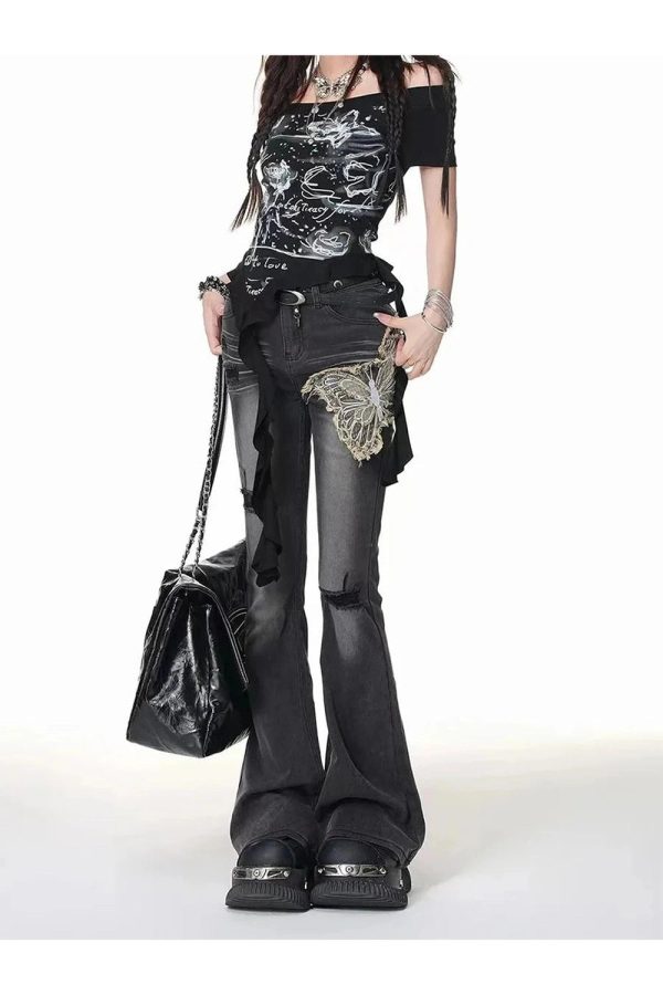 Gothic Butterfly Distressed Flare Jeans - Y2K Fashion Outfit Inspiration