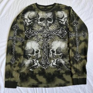 Gothic Cross and Skull Print Long Sleeve - Y2K 2000s Fashion Outfit