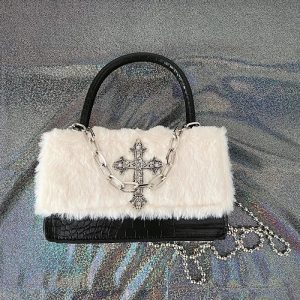 Gothic Cross Faux Fur Shoulder Bag - Y2K Fashion & 2000s Aesthetic