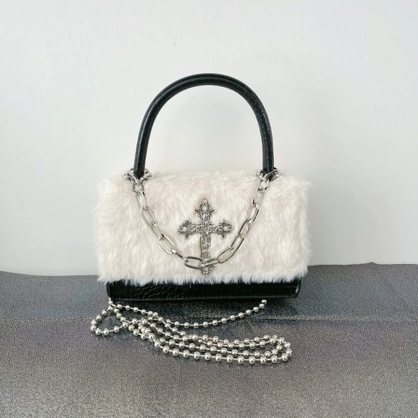 Gothic Cross Faux Fur Shoulder Bag - Y2K Fashion & 2000s Aesthetic