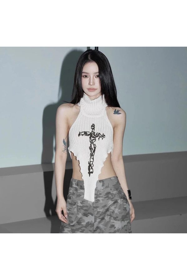 Gothic Cross Halter Knit Top - Y2K Fashion, 2000s Outfit Inspiration