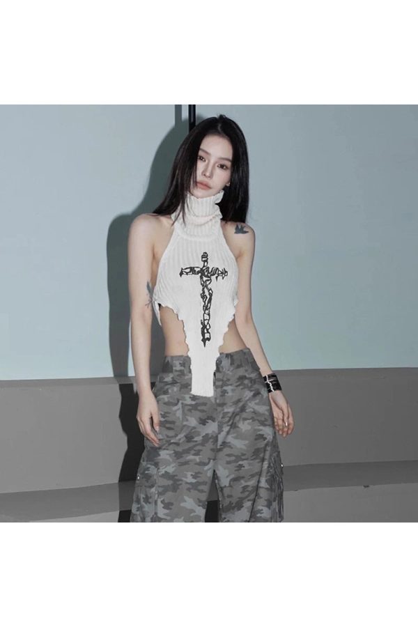 Gothic Cross Halter Knit Top - Y2K Fashion, 2000s Outfit Inspiration